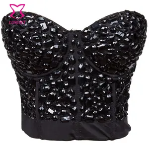 Black Resin Gem Studded Bustier Push Up Bralette Cute Bra Tops With 4 Hook-and-eyes Underwear Women Burlesque Club Bras