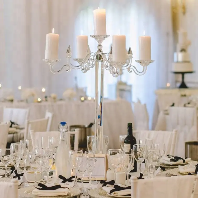 Candelabro de 5 luces de cristal superventas para mesa de boda, centros de mesa para eventos de boda, venta al por mayor