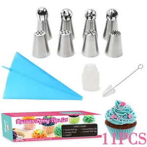 Ensemble d'embouts de décoration de gâteau 11 pièces avec 8 buses 1 sacs à pâtisserie 1 convertisseur 1 brosse de nettoyage dans une boîte de couleur ensemble d'embouts de tuyauterie russe - Product Image 1