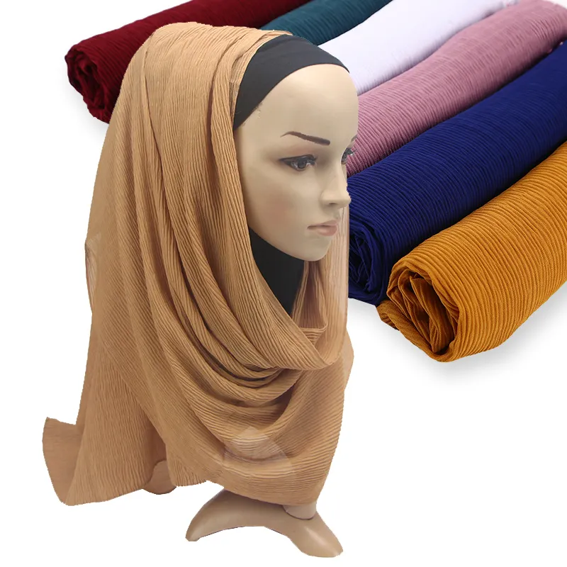 Wholesale Fashion Solid 18 Colors Women Islamic Pleated Chevron Cotton Head Scarves Shawls Crinkle Hijab Scarf