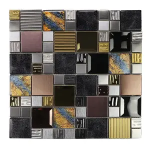 Vitreous Mozaik Karo Mutfak Backsplash lobi duvar için renkli Glitter Cam karışımı Altın metal Paslanmaz Çelik Mozaik