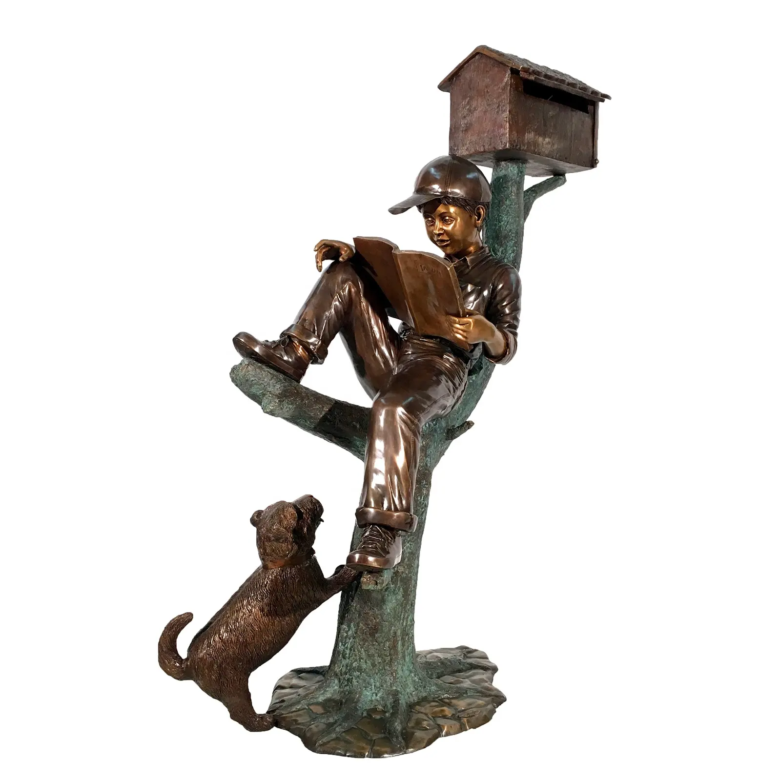 Decoração para casa caixa de bronze escultura de leitura menino sentar na árvore estátua com o cão