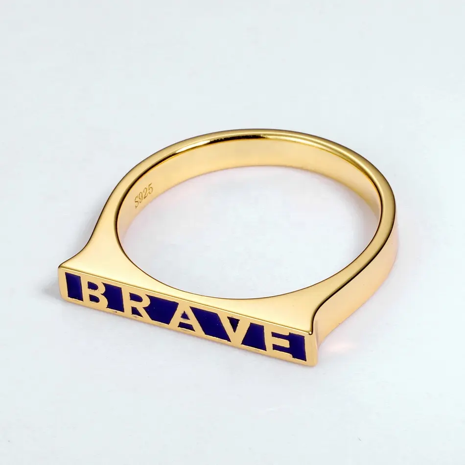 Custom Hiphop Gold Jewelry Buzzword BRAVE Blue Enamel Sterling Silver Bar Ring