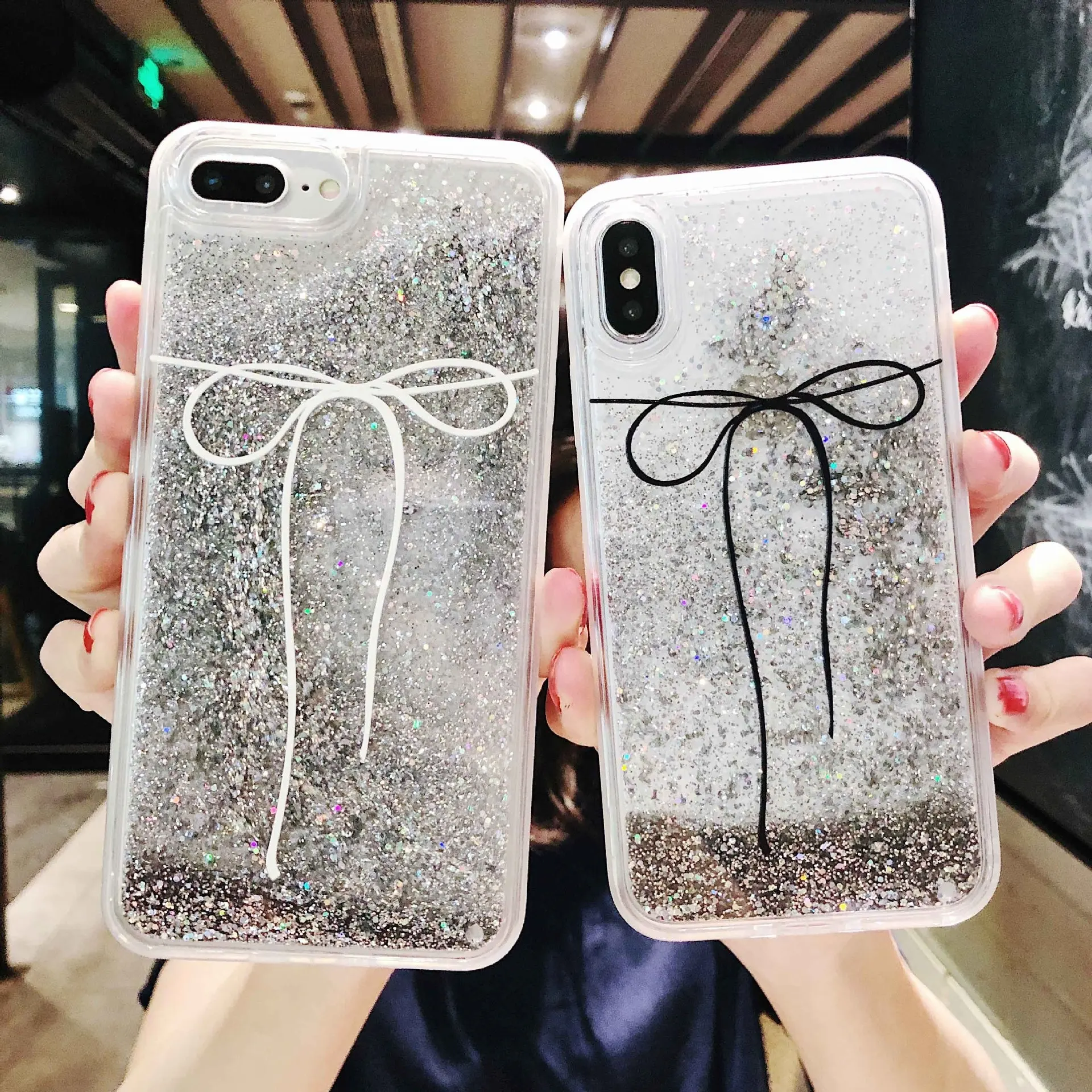 เคสแข็งลายโบว์สีกลิตเตอร์เหลวแบบสั่งทำสำหรับ iPhone 14เคสแข็งสำหรับ iPhone 15