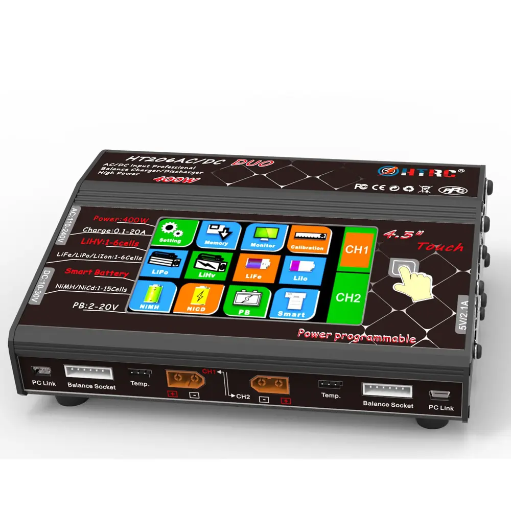 Htrc HT206 Ac/Dc Duo 200W * 2 20A * 2 Dual Port 4.3 "Kleuren Lcd Touch screen Rc Lipo Balans Lader Voor Lilon/Lipo/Life/Lihv Batterij