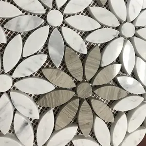 Mosaïque blanche en marbre, motif floral, pour dosseret de cuisine