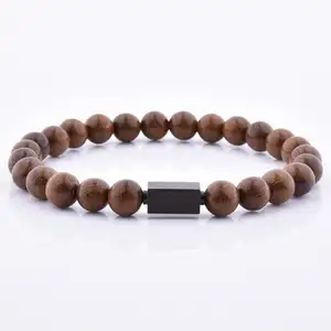 Golden Sandalwood Wood Tile Rectangle Stainless Steel Charm Bracelet