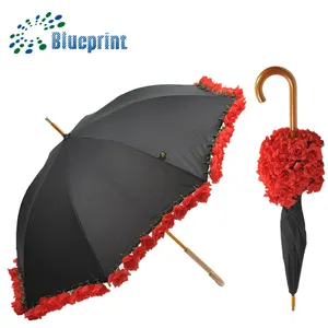 Red Rose Flowers Edge Straight Wooden Umbrella For Woman