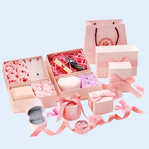 2024 Pink box packing jewelry girl favor package with paper rose inside