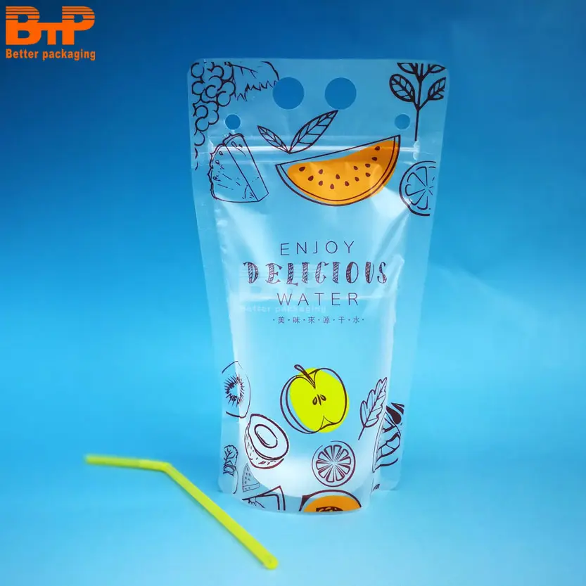 Sachets pour boissons jetables 16oz, 350ml, 500ml, 100 pièces, pochette ronde, pour jus de fruits, étui en plastique à fermeture éclair, à usage unique