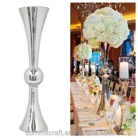 Florero alto para decoración de boda, florero de trompeta de oro y plata para eventos