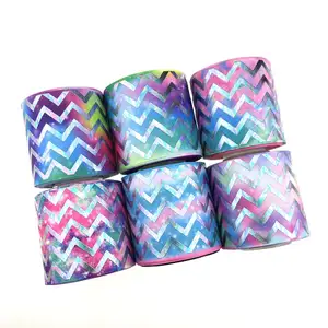 New arrival 3 '' 75mm wholesale hologram foil chevron with printing rainbow grosgrain ribbon, ,100yard/lot,DIY cheer bow