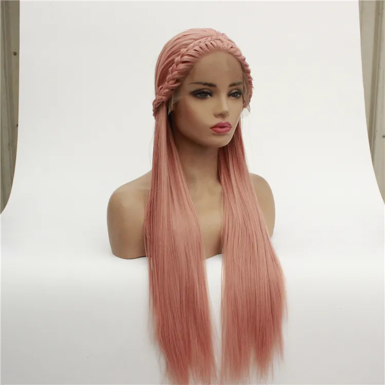New Women Fashion Pink Long Straight Synthetic Lace Front Wig