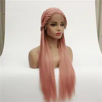 New Women Fashion Pink Long Straight Synthetic Lace Front Wig