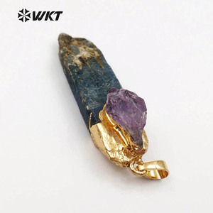 WT-P1392 Grosir Batu Alam Spesial Kyanite Hitam dengan Batu Kecubung dengan Liontin Emas Liontin Perhiasan Mode
