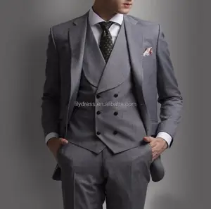 Tailored Made Alibaba Gray Men Suit Tuxedo Two Buttons Notch Lapel Three Pieces Wedding Formal Suits Custom Male Suits