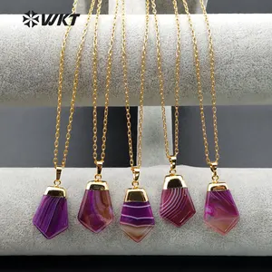 WT-N1019 Wholesale Purple Stripe Agate Necklace, Fashion Gold Electroplated Stone Agate Necklace