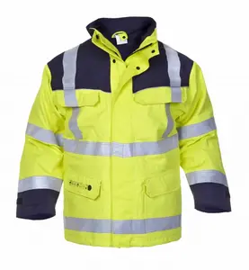 Hi Vis Parka Tahan Api Antistatik, Keamanan Kerja Musim Dingin Kustom dengan Plester Reflektif