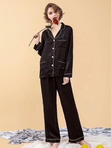 Wholesale Long Sleeve Pajamas Set <strong>Silk</strong> Sateen <strong>Black</strong> Piping PJ Set Custom Logo Accept Satin <strong>Pyjama</strong> Set - Product Image 3