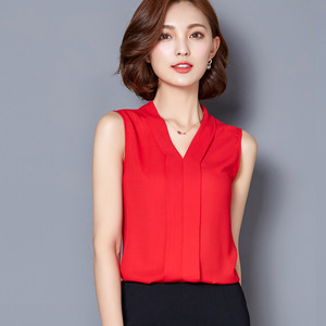 Stile coreano di Modo Delle Donne Senza Maniche Camicetta <span class=keywords><strong>Bianca</strong></span> Con Scollo A V Chiffon Top e Camicette - Product Image 3