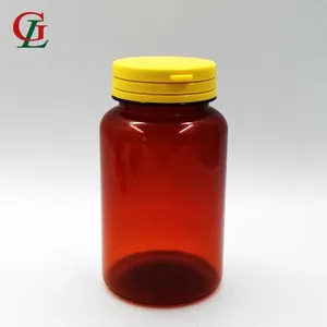 200cc ámbar PET vitamina cápsula medicina botella de pastillas de plástico con tapa a prueba de manipulaciones en stock