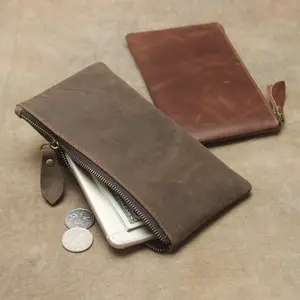 विंटेज शैली पागल हार्स निचले स्तर के चमड़े के लंबे बटुआ सेल फोन बटुआ कार्ड धारक सिक्का पर्स के लिए पुरुषों महिलाओं