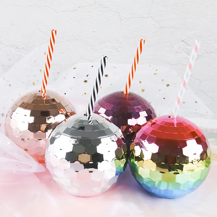 Custom shape colorful Single Wall Disco Ball cocktail Drink Cup Creative with straw for party drinking wine