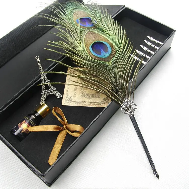 Antiguo pluma de pavo real de picadas pluma de escribir Dip de regalo de pluma