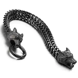 Best price wholesale OEM ODM custom design black wolf 316l stainless steel vintage man chain bracelet