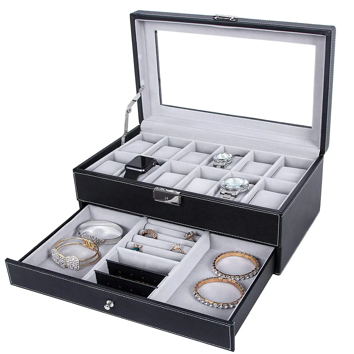 Organizer for Jewelry Watch Box Sunglass Organizer with Real Glass Top 12 Watch Case for Men Glass Box Storage Boxes
