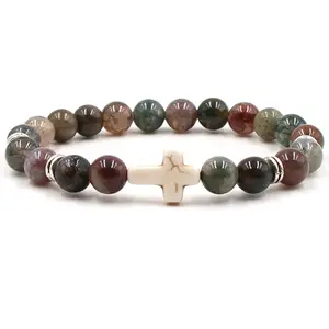 8mm Gebed Kralen Natuursteen Agaat Tiger Eye Armbanden voor Vrouwen Jesus Cross Charms Elasticiteit Yoga Armband Mannen Sieraden