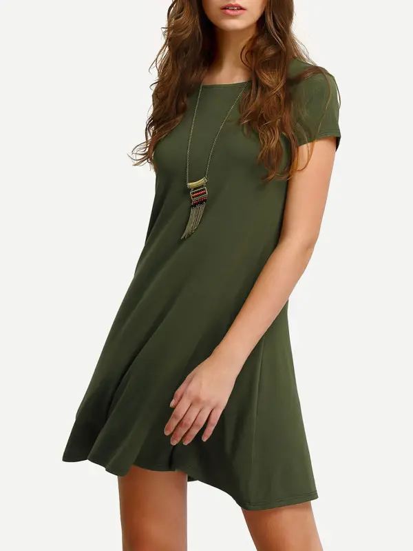 Women Casual Dresses Summer Ladies Green Short Sleeve Loose Casual Cotton Pocket Shift Dress
