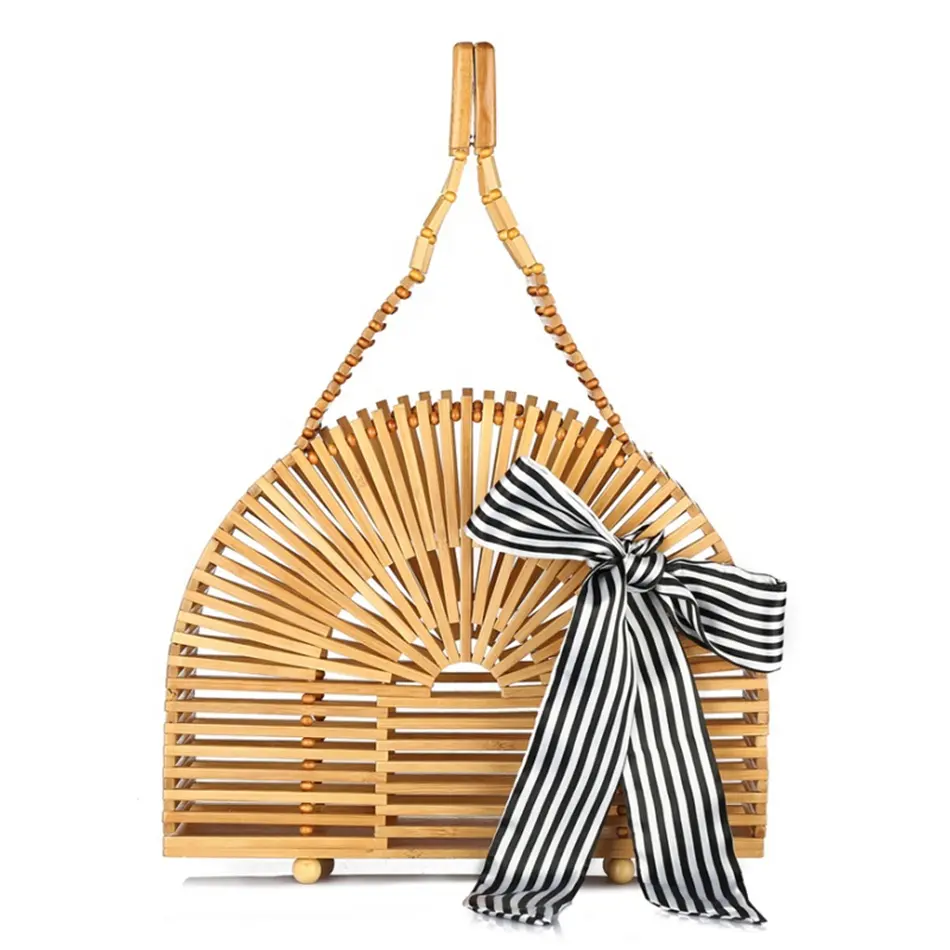 Bohemian Retro Women Bamboo Half Moon Handbag Handmade Straw Weave Tote Bag Hollow Out Summer Beach Holiday Bag Women Purse