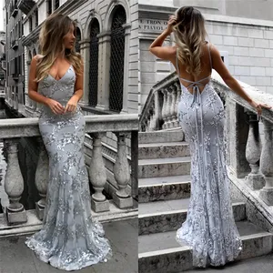 Formal sexy dresses elegant lace appliques prom party spaghetti straps mermaid evening