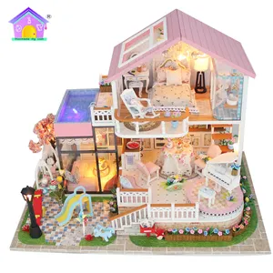 Hongda Neuankömmling DIY Wooden Craft Puppenhaus mit Licht und Möbeln für Kinder
