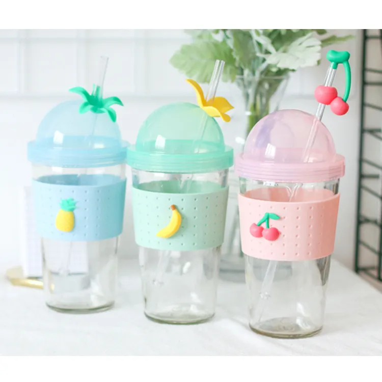 새로운 제품 한국어 귀여운 만화 유리 음료 병 컵 로고 인쇄 실리콘 밀짚 sipper 병 물 어린이/famale
