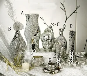 Europa Stijl Home Decor Handgemaakte Craft Crackle Zilver Mozaïek Glazen Vaas Set Groothandel