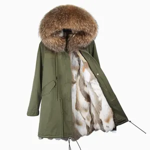 Neue Stil Warme Custom Pelzmantel Mit Removable Echt Waschbären Pelz Kragen 100% Kaninchen Pelz Gefüttert Parka Winter Frau Jacke