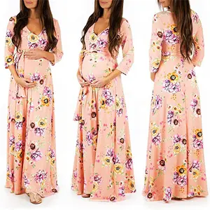 De gros robe de maternité 3 4 manches-Robe longue à fleurs pour femmes, vêtements de maternité, motif floral, demi-manches, vente en gros, P262, collection été 2019