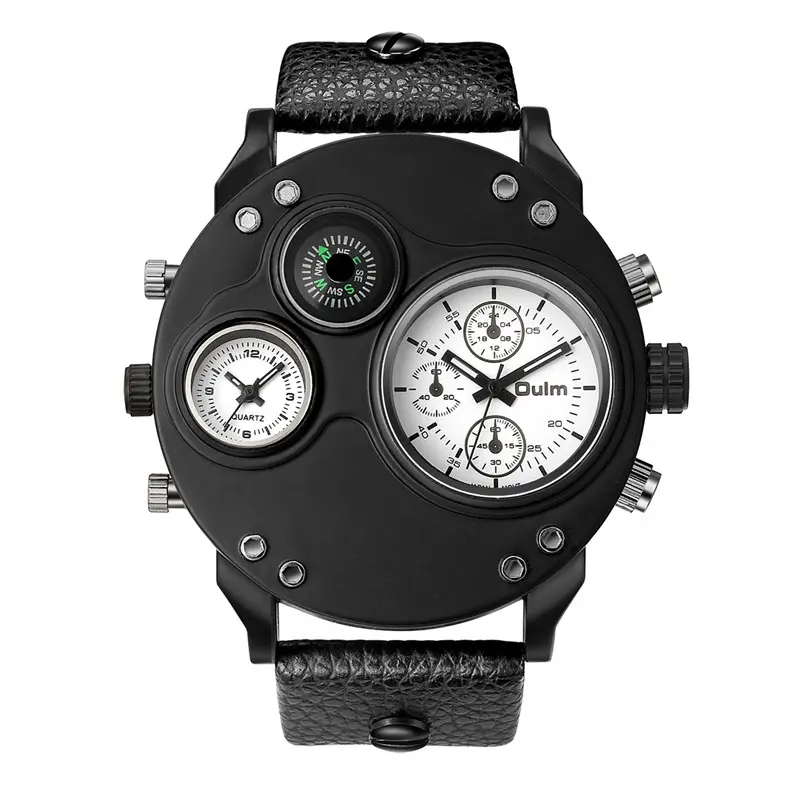 OULM Outdoor mannen sport horloge Quartz Double Time Zone Display Zwarte Lederen Band Big Size Case Top Merk Luxe Horloges