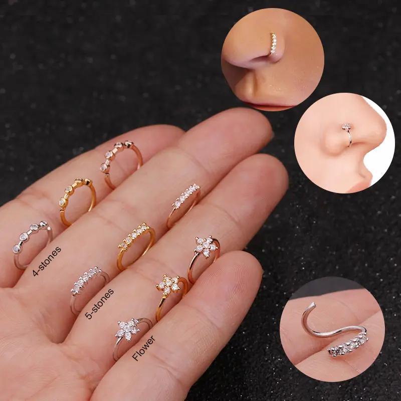 Silver And Gold Plated 8ミリメートルCz Hoop Flower Piercing For Nose Ear Helix Cartilage Tragus Body Jewelry