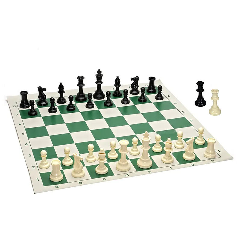 Değer turnuva satranç seti dolu taşınabilir satranç taşları ve yeşil tahta vinil Roll Up satranç seti
