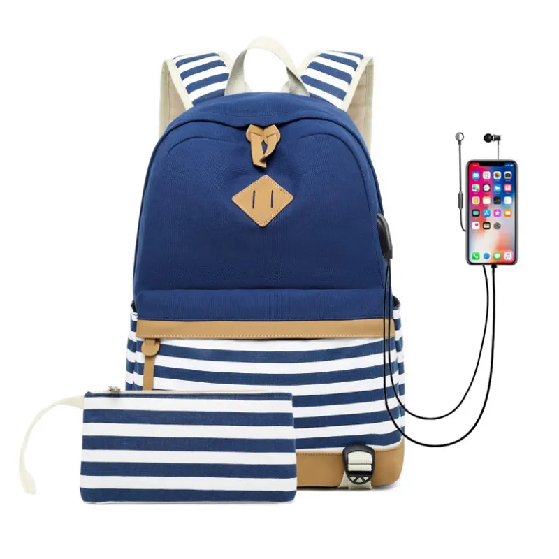 Mochila escolar feminina, mochila escolar de lona com listras impressas, da moda, com carregador usb