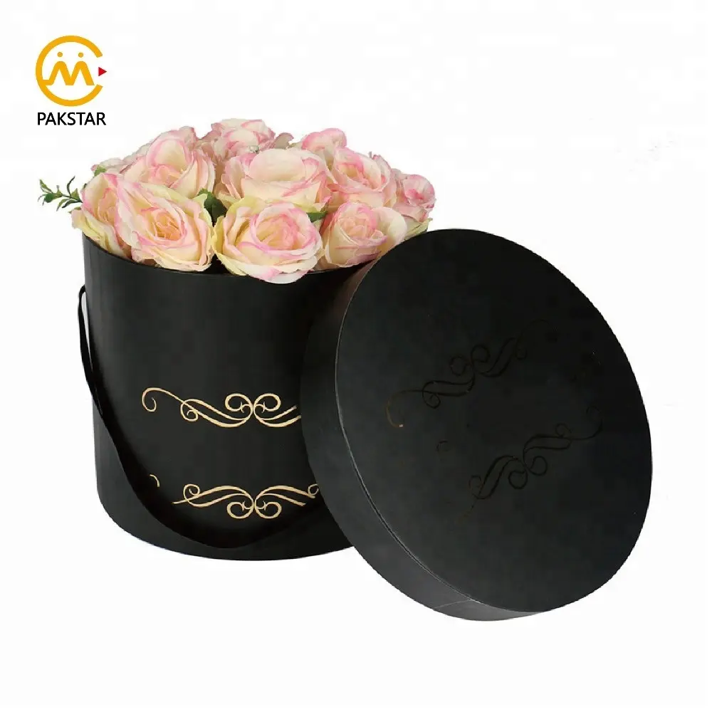 مخصص مطبوعة الأسود الورق المقوى زهرة حزمة كبيرة اسطوانة جولة الأزهار قبعة مربع مع شعار