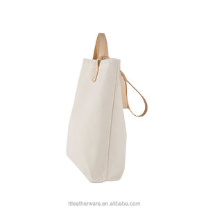 Tote Bag lourd blanc de 12OZ, sac en toile avec poignées en cuir véritable - Product Image 4