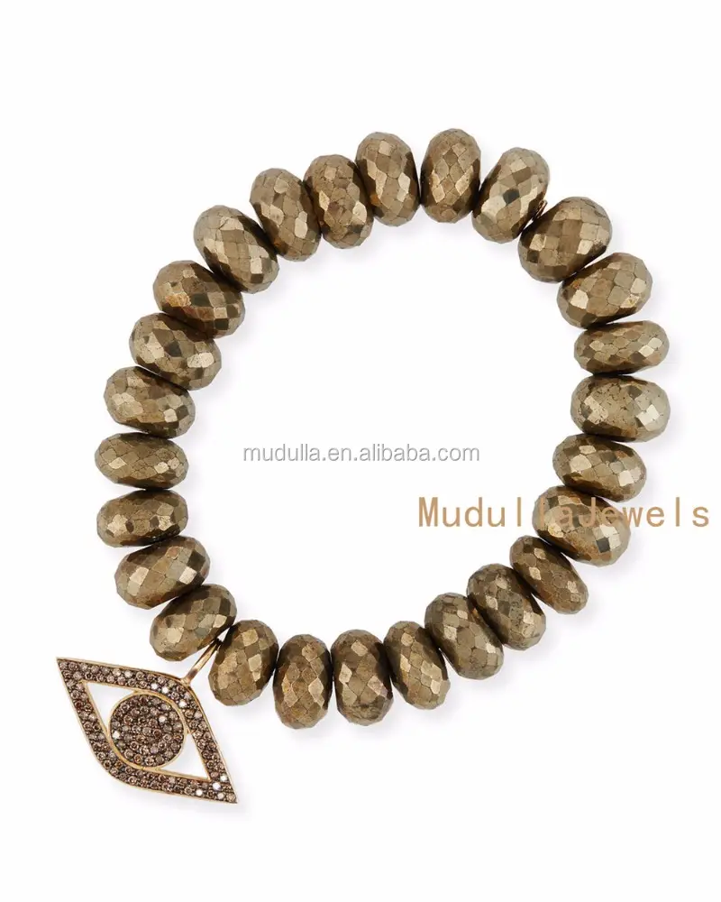 BM25239 12mm Faceted Pyrite Beaded Bracelet with Gold Evil Eye Pave Charm