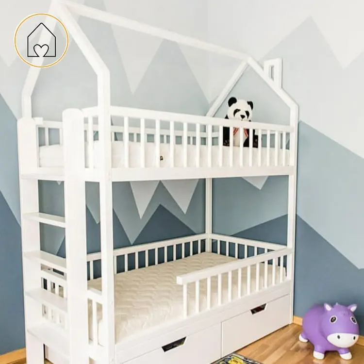 Montessori house shape kids children bedroom white full over full bunk bed with guard rail