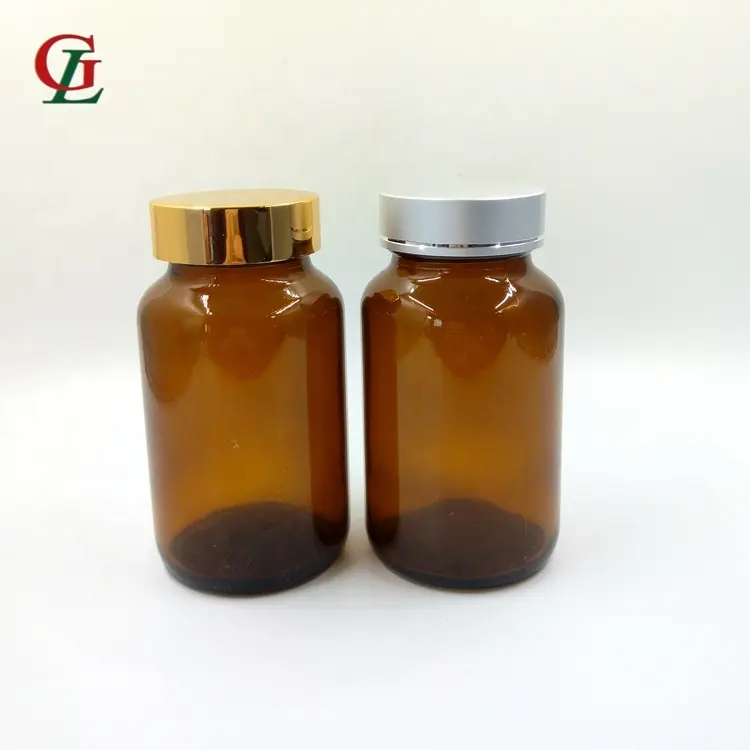 Thick wall 200ml amber glass pill bottle food storage container supplements glass clear bottle with aluminum silver or gold lid