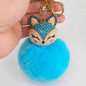 Yongze cheap 8cm rabbit fox fur plush custom faux fur ball shape pom pom keychain fluffy puff custom key holder maker