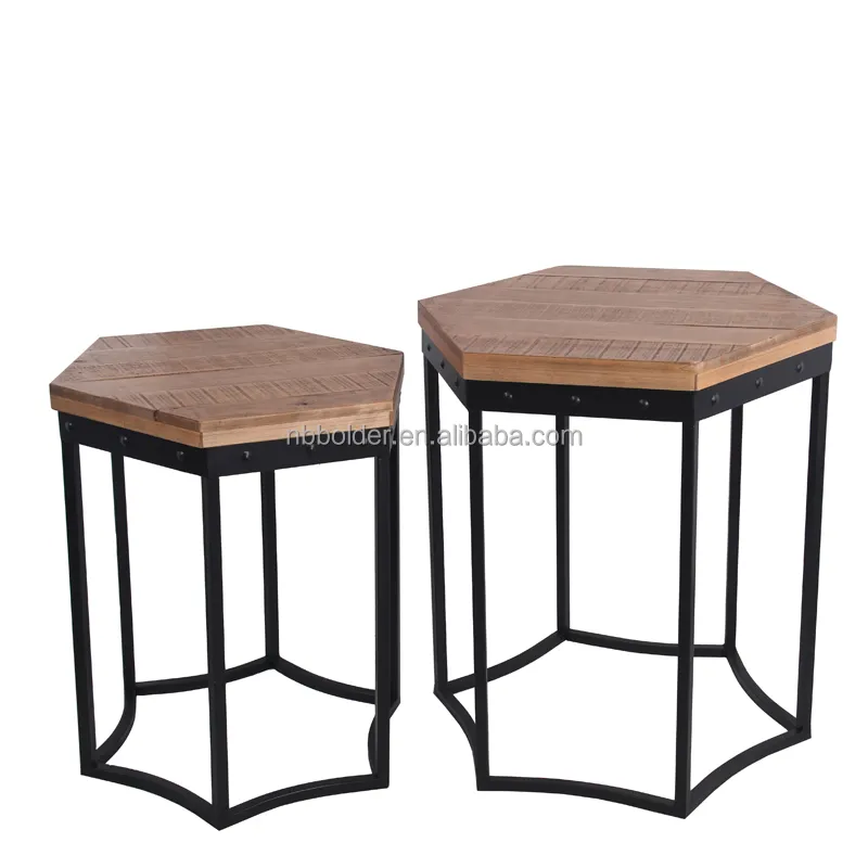 Chine fournisseur hexagone Amérique vintage rétro mi siècle lot de 2 rond fer métal bois café table d'appoint pour la maison décor